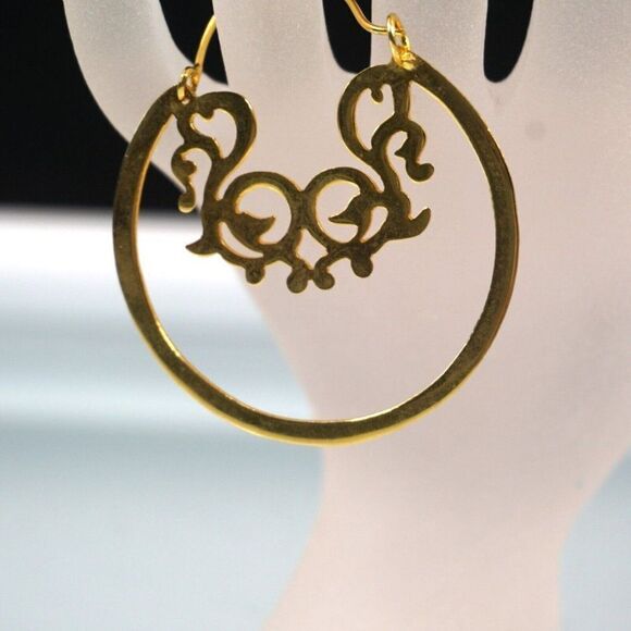 Hoop Earrings Cut Out Disc Gold Tone Dangle - Picture 1 of 5